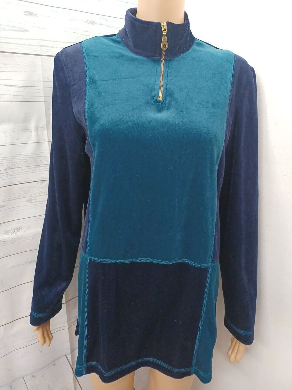 Vtg Willow Ridge Blouse Top Short Sleeve Mock Neck Blue Green Colorblock Sz S